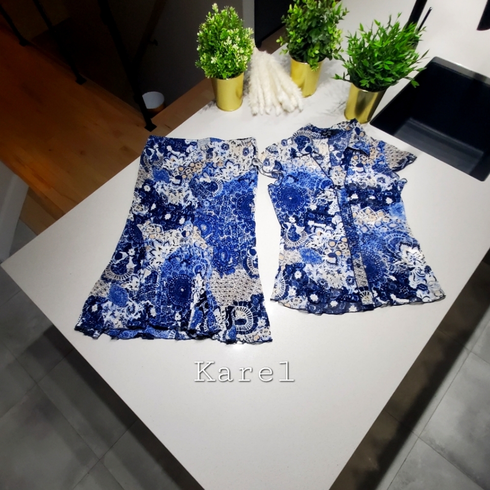 KAREL Sublime ensemble de 2 pièces, jupe doublée et chemisier, tissus fluide